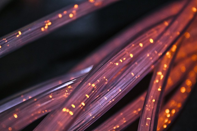 Fiber optic cable transmitting light signals.