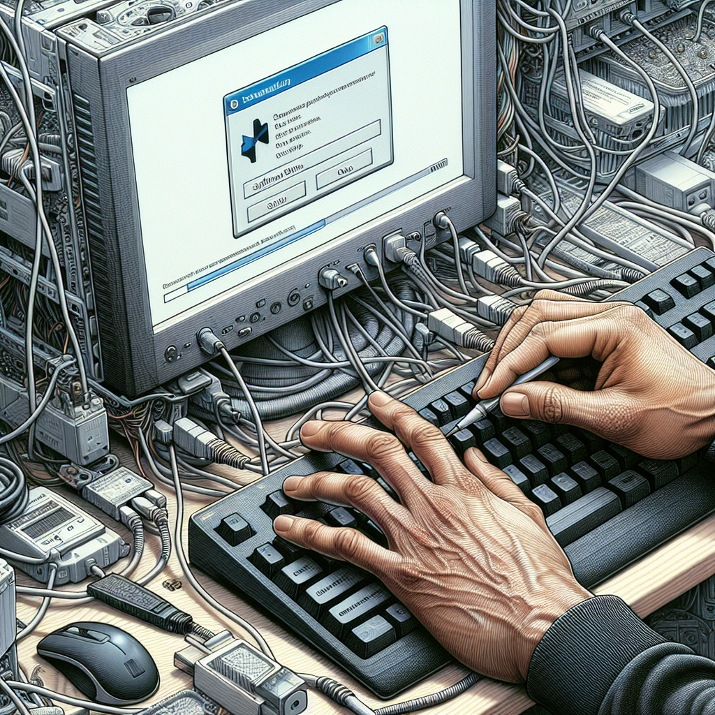 Hands setting up computer with software.